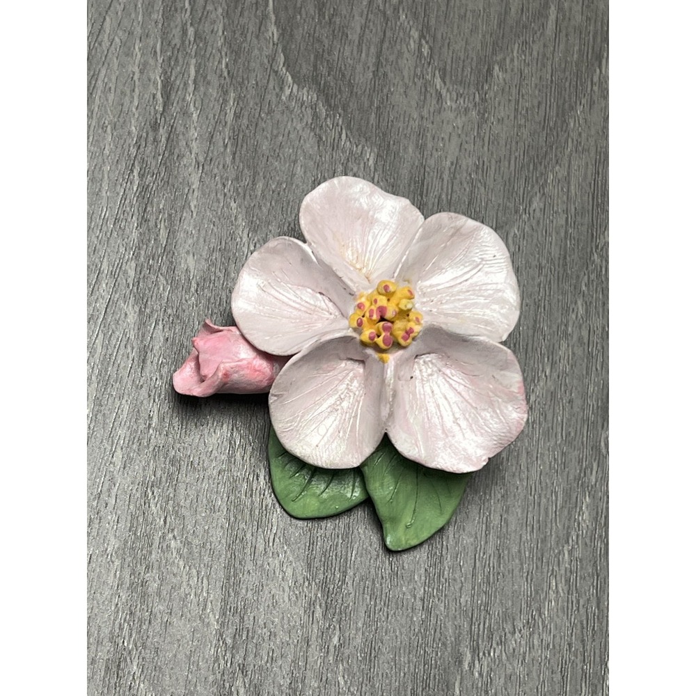 Vtg N Tobin HandPainted Flower Brooch Pin Pink White Green Artisan Signed Floral